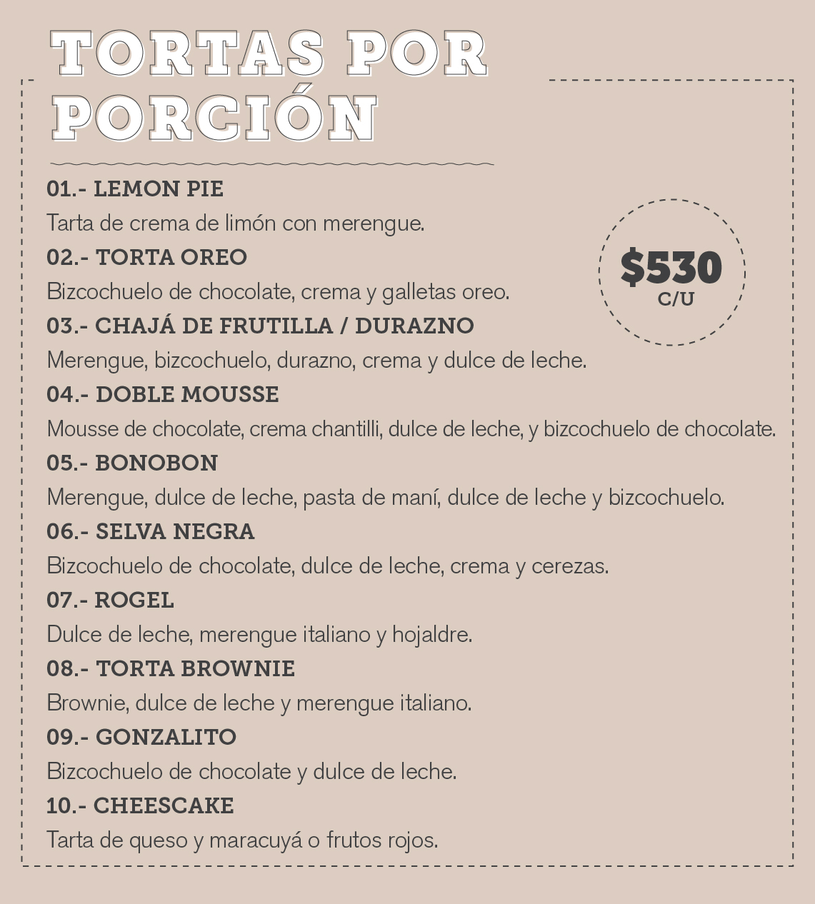 Menú Pastelería 2 | Tortas: Bonobon, Chajá, Selva Negra, Torta Oreo