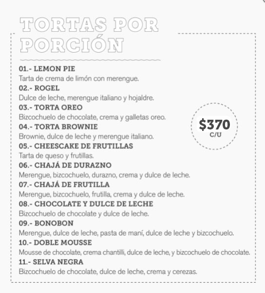 Menú Pastelería 2 | Tortas: Bonobon, Chajá, Selva Negra, Torta Oreo